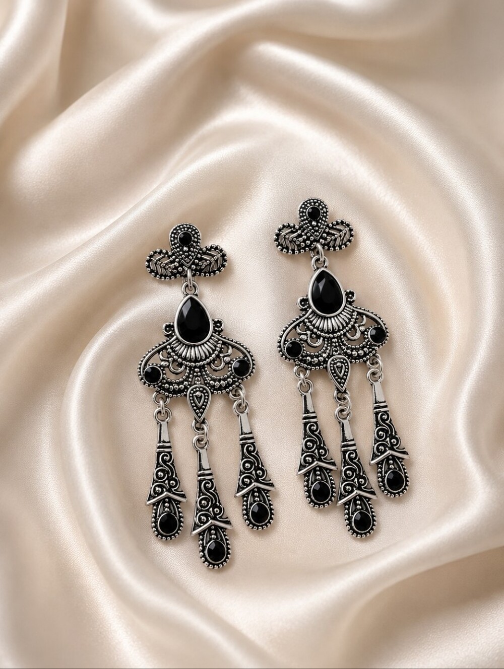Boho Silver Tone Black Chandelier Statement Earrings Vintage Inspired